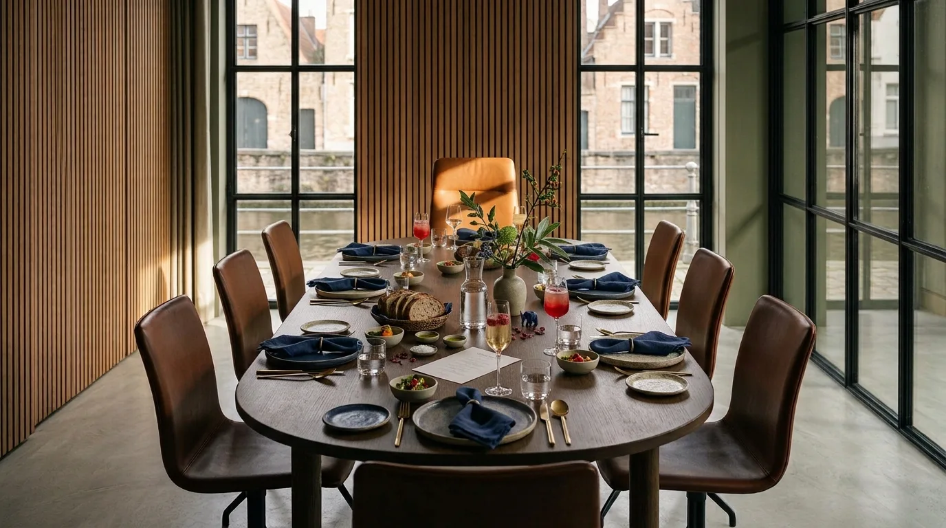 Een gedekte lunchtafel met acht stoelen in een lichte ruimte aan het water