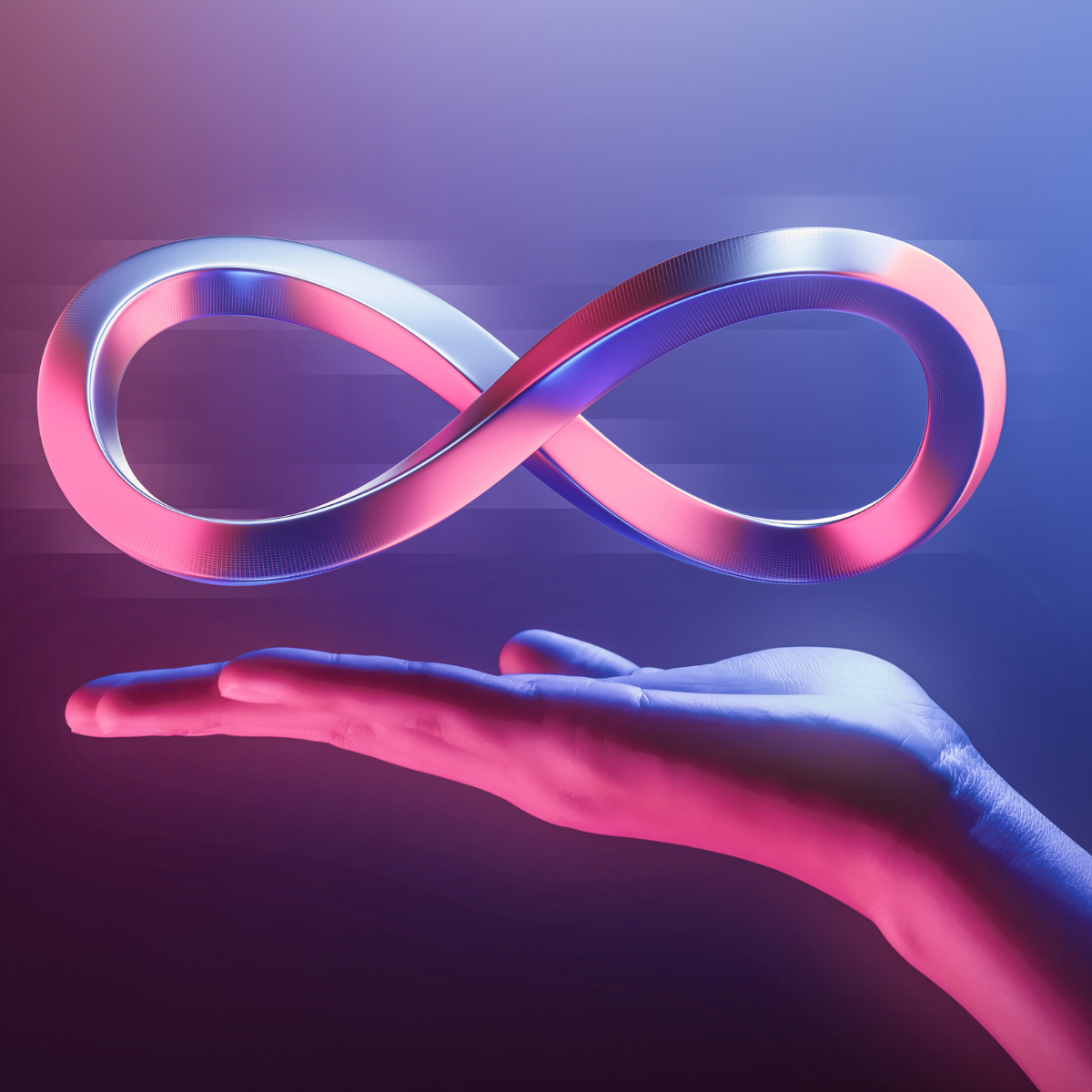 The Indigo Elephant — infinity symbol of silver and iridescent light held in an open hand