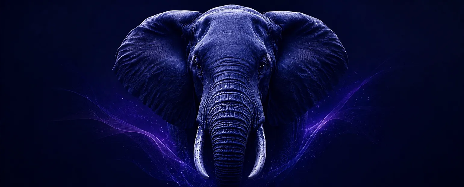 An indigo elephant emerging from deep violet light