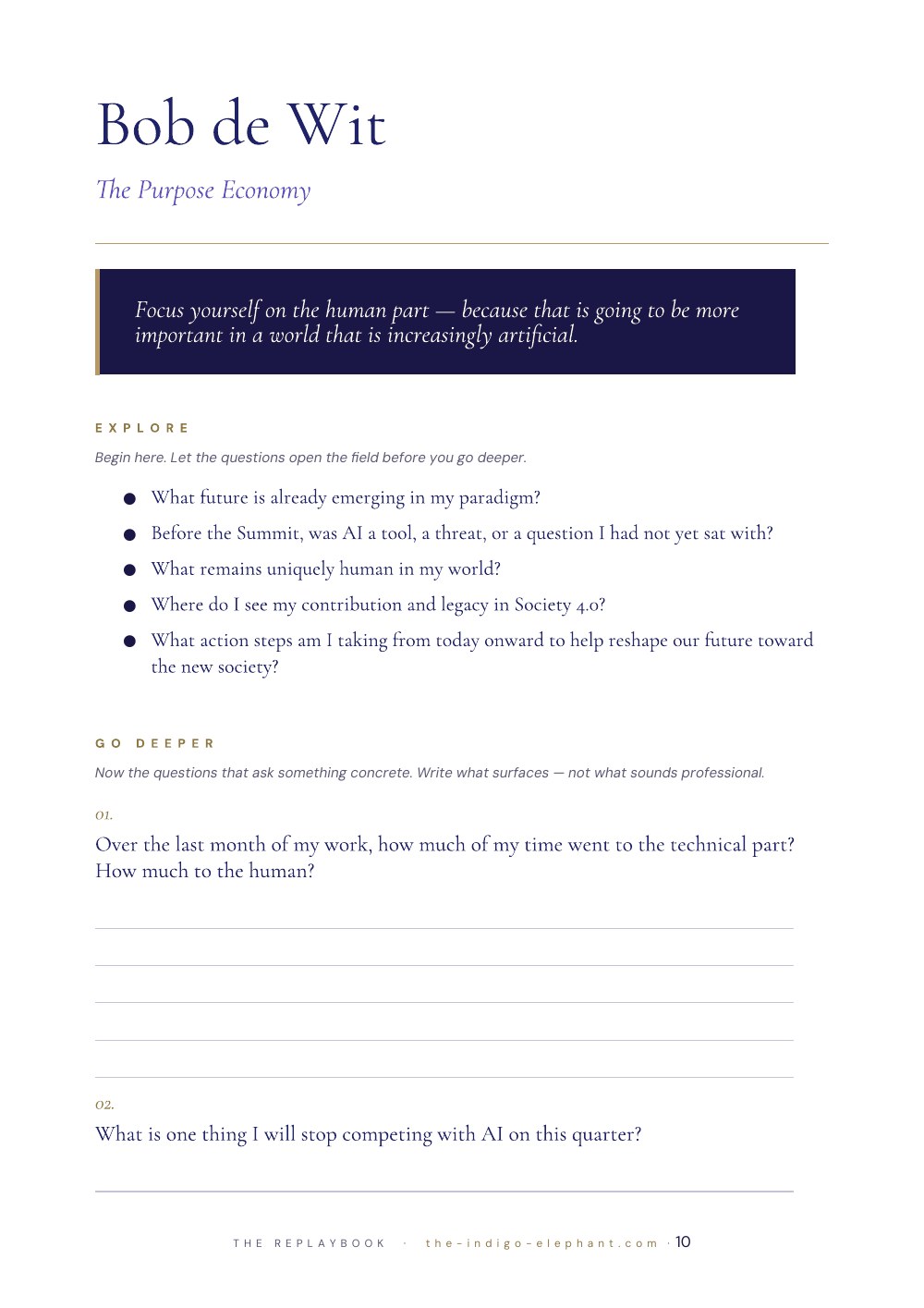A speaker reflection page inside the RE-PLAYBOOK