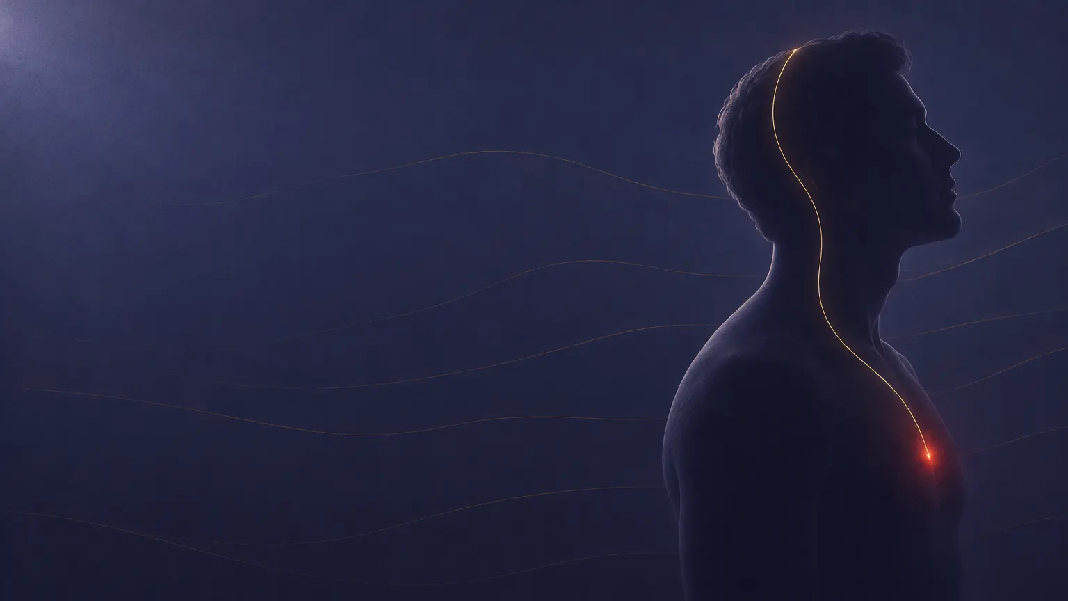 A human profile in which a single gold line connects the head to the heart